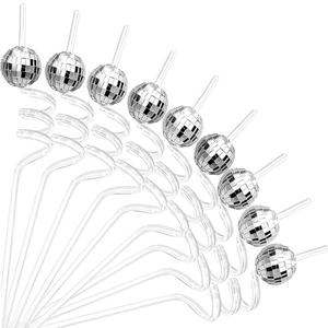 Set of 10 clear spiral straws featuring 3cm silver mirror disco balls for party decor