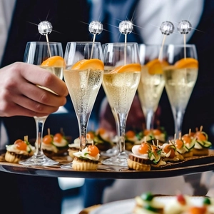 Close-up of silver disco mirror ball cake toppers on wooden sticks for party drinks