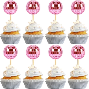 Pink disco ball cake topper decorations with mirror facets and wooden sticks set of 8