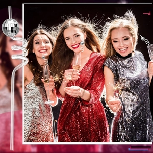 Detail of silver disco mirror ball on spiral plastic straw used at a festive party night