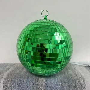 Detailed view of a green mirrored disco ball with square tiles and a matching hanging loop