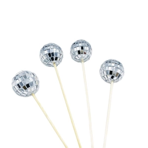 Set of four silver disco mirror ball cake toppers with wooden sticks for party decor