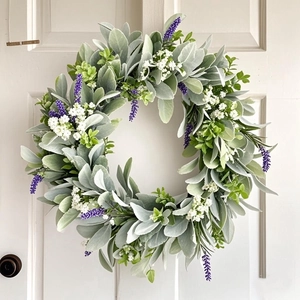 Artificial Lavender Lamb's Ear Wreath For Front Door Home Decor Purple White Flowers Garland Wall Mother's Day Decoration
