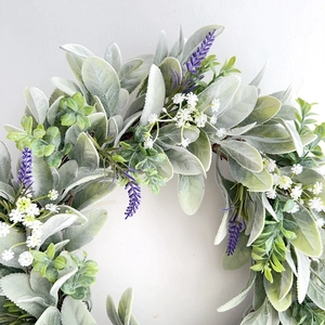 Artificial lavender wreath with lamb's ear leaves and white flowers for home wall decor