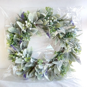 Artificial lavender and lamb's ear leaf wreath for home decor in clear packaging