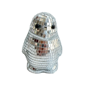 Detailed close-up of disco ball penguin figurine with shimmering silver glass mirrors