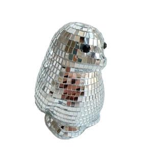 Disco penguin mirror ball ornament with silver mosaic glass tiles for home decor