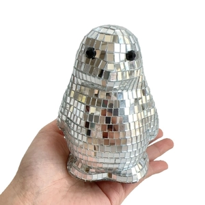 Creative mirror glass disco ball penguin ornament with reflective silver tiles for home decor