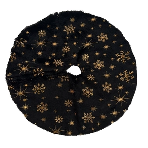 Mini round black faux fur Christmas tree skirt with gold snowflake and star patterns