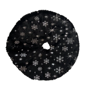 Mini black plush Christmas tree skirt with silver snowflake pattern and star prints