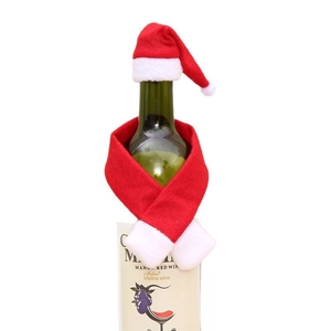 Mini Christmas hat and scarf set for wine bottle decoration with festive red and white colors