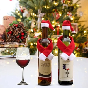 Christmas wine bottle decorations set with red mini hats and scarves for holiday party