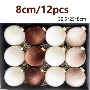 Detailed set of twelve 8cm velvet Christmas balls in luxury gift box packaging