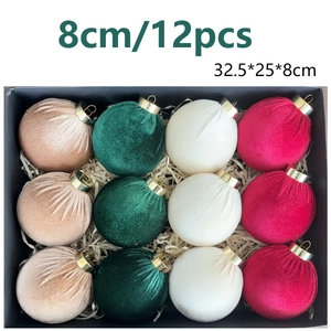 Detail view of 12 luxury 8cm velvet Christmas balls in a gift box for holiday decor