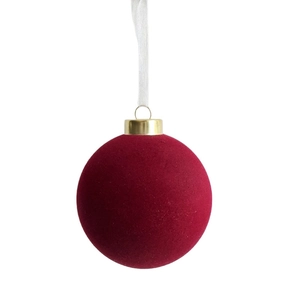 8cm burgundy flocked Christmas ball ornament with a gold metal cap and white ribbon