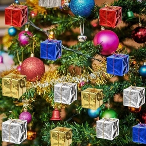 Miniature colorful Christmas tree gift box ornaments in red blue gold and silver tones