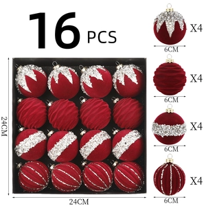 16-piece set of 6cm burgundy velvet Christmas balls with silver sequins and ornaments
