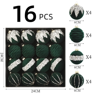 Set of 16 dark green 6cm Christmas balls with glitter velvet and golden stripes