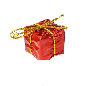Shiny red laser foil miniature gift box ornament with gold ribbon for Christmas tree decor