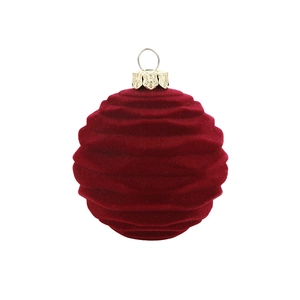 6cm dark red velvet Christmas ball with wave texture and golden lace cap for holiday decor