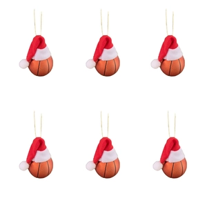 Set of 6 mini basketball Christmas ornaments with red Santa hats and gold hanging strings