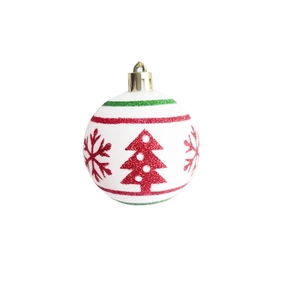 Witte kerstbal met rode en groene glitter patronen van kerstbomen en sneeuwvlokken