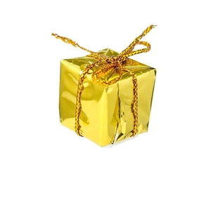 Close-up of a golden mini Christmas gift box ornament with a glittering bow tie detail