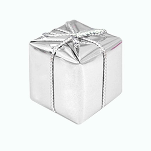 Close-up of a silver laser foam gift box ornament with metallic foil and bow for Christmas