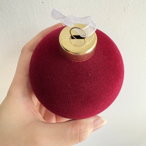 Burgundy 8cm velvet Christmas ornament ball with gold metal ring and ribbon tie