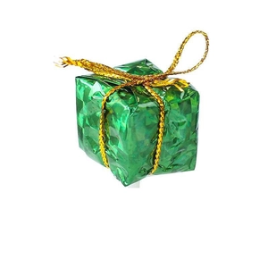 Detail of a bright green laser foam Christmas candy gift box ornament with gold ribbon tie