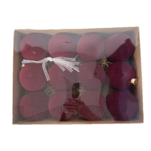 Set of 12 burgundy flocked Christmas balls in a gift box with ribbon and window