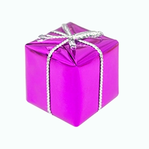 Macro view of purple metallic Christmas gift box ornament with silver glitter string