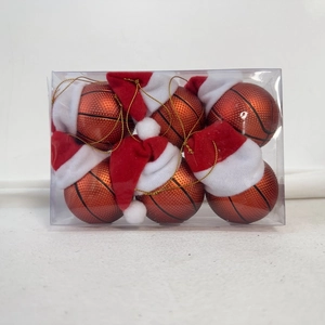 Set of six mini basketball Christmas ornaments with red Santa hats and golden strings