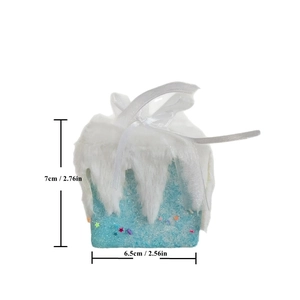 7cm blue glitter foam Christmas gift box ornament with faux snow and white ribbon