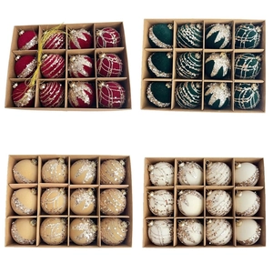 12-Piece Christmas Flocking Ball Ornaments Set Burgundy Green Velvet Christmas Tree Hanging Decorations For Holiday Party Home Decor