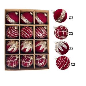 Set of 12 dark red flocked Christmas balls with assorted glitter patterns in a gift box