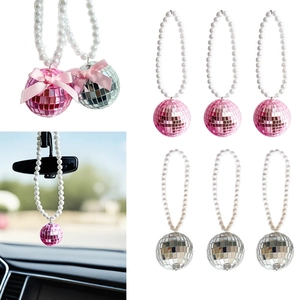 Ornement Suspendu Voiture Boule Disco Rétro Avec Fausses Künstliche Perles Nœud Satin Pour Rétroviseur Noël Fête Maison Décoration