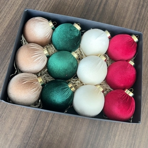 Detailed view of 12-piece velvet Christmas ball ornaments set in a premium gift box
