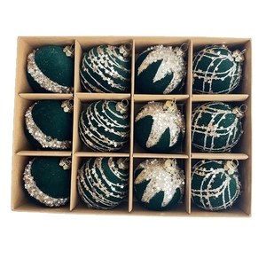Set of 12 green Christmas ball ornaments with gold glitter patterns in a gift box