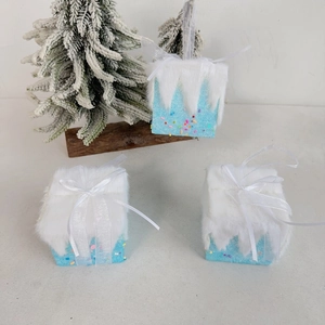 Blue glitter gift box Christmas ornaments with white plush fur and festive ribbons