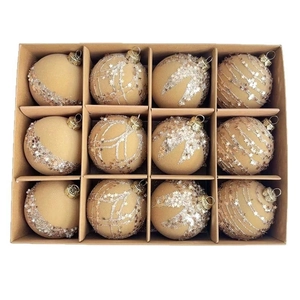 Set of 12 champagne gold Christmas ornaments with glitter stars in a gift box