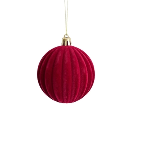 Set mit 36 roten Samt-Weihnachtskugeln mit vertikalen Streifen und goldenen Kordeln