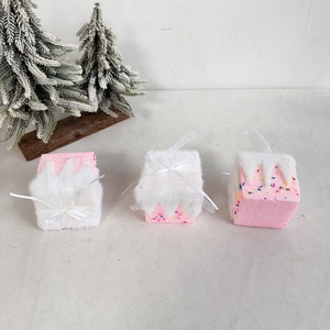 Pink macaron Christmas foam gift box ornaments with plush snow tops and colorful sequins