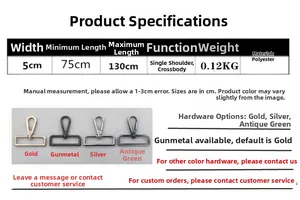 Detailed size guide for 5cm wide jacquard bag strap with adjustable metal hardware options