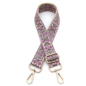 Ethnic style wide jacquard shoulder strap with floral pattern and gold metal hardware
