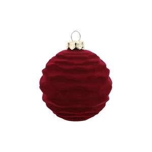 Detailed view of burgundy flocked Christmas ball with 3D wave texture and gold cap