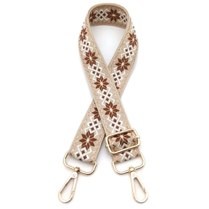 Detailed view of ethnic embroidery bag strap with geometric patterns and golden metal clasps