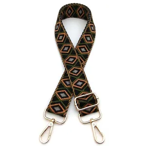 Adjustable thickened fabric strap with green and orange geometric diamond pattern and gold clips