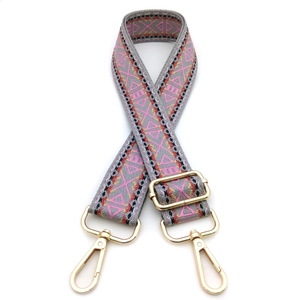 Ethnic style embroidered jacquard bag strap with grey pink geometric patterns