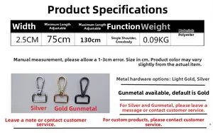 Detailed size chart for 2.5cm adjustable polyester shoulder strap with metal hooks
